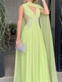 A-line V-neck Ruffles Floor-Length Chiffon Corset Prom Dress