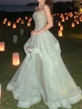 A-line Straight Cascading Ruffles Floor-Length Tulle Prom Dress