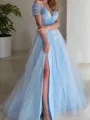 A-Line/Princess V-neck Sweep Train Tulle Prom Dress With Leg Slit