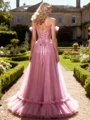 A-line Off-the-Shoulder Ruffles Floor-Length Tulle Corset Prom Dress