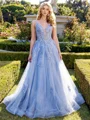 A-line Sweetheart Appliques Lace Sweep Train Tulle Corset Prom Dress
