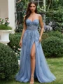 A-line Sweetheart Appliques Lace Sweep Train Tulle Corset Prom Dress