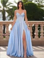 A-line Spaghetti Straps Ruffles Sweep Train Silk like Satin Corset Prom Dress