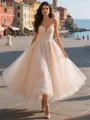 A-line Sweetheart Ruffles Tea-Length Tulle Corset Prom Dress