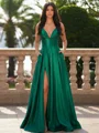 A-line V-neck Ruffles Floor-Length Silk like Satin Corset Prom Dress