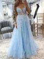 A-line Spaghetti Straps Appliques Lace Floor-Length Tulle Prom Dress