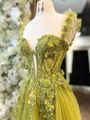 A-line Straps Appliques Lace Floor-Length Tulle Corset Prom Dress