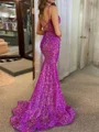 Sheath Spaghetti Straps Sequin Sweep Train Velvet Sequins Prom Dress