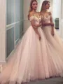 A-Line/Princess Off-the-Shoulder Sweep Train Tulle Prom Dress With Ruffles