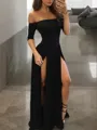 A-Line/Princess Off-the-Shoulder Floor-Length Jersey Prom Dress With Leg Slit