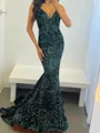 Sheath V-neck Sweep Train Velvet Sequins Prom Dress