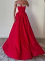 A-line Off-the-Shoulder Rhinestone Sweep Train Satin Corset Prom Dress