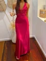 Sheath V-neck Bow Sweep Train Silk Like Satin Prom Dress