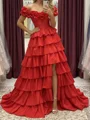 A-line Off-the-Shoulder Cascading Ruffles Floor-Length Taffeta Corset Prom Dress