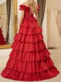 A-line Off-the-Shoulder Cascading Ruffles Floor-Length Taffeta Corset Prom Dress
