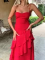Sheath Spaghetti Straps Cascading Ruffles Sweep Train Chiffon Prom Dress