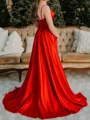 A-line Spaghetti Straps Sweep Train Silk Like Satin Corset Prom Dress