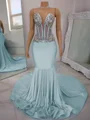 Mermaid V-neck Rhinestone Chapel Train Jersey Corset Prom Dress
