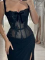 Sheath Square Appliques Lace Floor-Length Stretch Crepe Corset Prom Dress