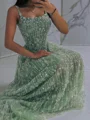 A-line Spaghetti Straps Appliques Lace Sweep Train Lace Prom Dress