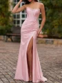 Sheath Straight Pleated Floor-Length Silk Like Satin Corset Prom Dress