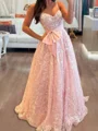 A-line Sweetheart Bow Sweep Train Lace Corset Prom Dress