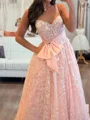 A-line Sweetheart Bow Sweep Train Lace Corset Prom Dress