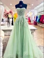 A-line Sweetheart Appliques Lace Sweep Train Tulle Corset Prom Dress