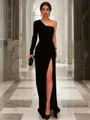 A-Line/Princess One-Shoulder Sweep Train Jersey Prom Dress With Leg Slit