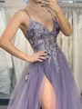 A-line Spaghetti Straps Appliques Lace Sweep Train Tulle Corset Prom Dress