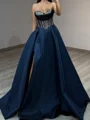 A-line Sweetheart Beading Sweep Train Satin Corset Prom Dress