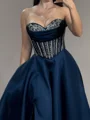 A-line Sweetheart Beading Sweep Train Satin Corset Prom Dress