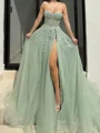 A-line Sweetheart Appliques Lace Sweep Train Tulle Corset Prom Dress