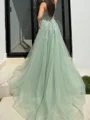 A-line Sweetheart Appliques Lace Sweep Train Tulle Corset Prom Dress