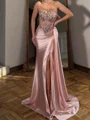 Sheath Straight Pleated Sweep Train Silk Like Satin Corset Prom Dress