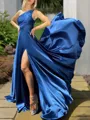 A-Line/Princess One-Shoulder Sweep Train Silk like Satin Prom Dress With Leg Slit