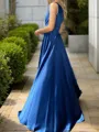 A-Line/Princess One-Shoulder Sweep Train Silk like Satin Prom Dress With Leg Slit