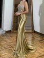 Sheath V-neck Pleated Sweep Train Silk Like Satin Corset Prom Dress