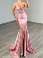 Sheath Sweetheart Pleated Sweep Train Silk Like Satin Corset Prom Dress