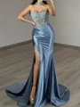 Sheath Straight Pleated Court Train Silk Like Satin Corset Prom Dress
