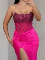 Sheath Straight Beading Sweep Train Corset Prom Dress