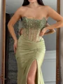 Sheath Straight Beading Sweep Train Corset Prom Dress
