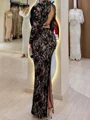 Sheath Scoop Long Sleeves Appliques Lace Floor-Length Lace Prom Dress