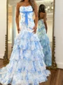Sheath Straight Cascading Ruffles Sweep Train Corset Prom Dress