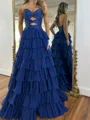 A-line Sweetheart Cascading Ruffles Sweep Train Chiffon Corset Prom Dress