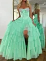 A-line Sweetheart Cascading Ruffles Sweep Train Chiffon Corset Prom Dress