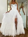 A-line Sweetheart Cascading Ruffles Sweep Train Chiffon Corset Prom Dress