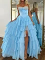 A-line Sweetheart Cascading Ruffles Sweep Train Chiffon Corset Prom Dress