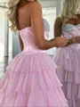 A-line Sweetheart Cascading Ruffles Sweep Train Chiffon Corset Prom Dress