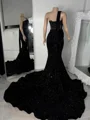 Mermaid Halter Beading Chapel Train Velvet Sequins Corset Prom Dress
